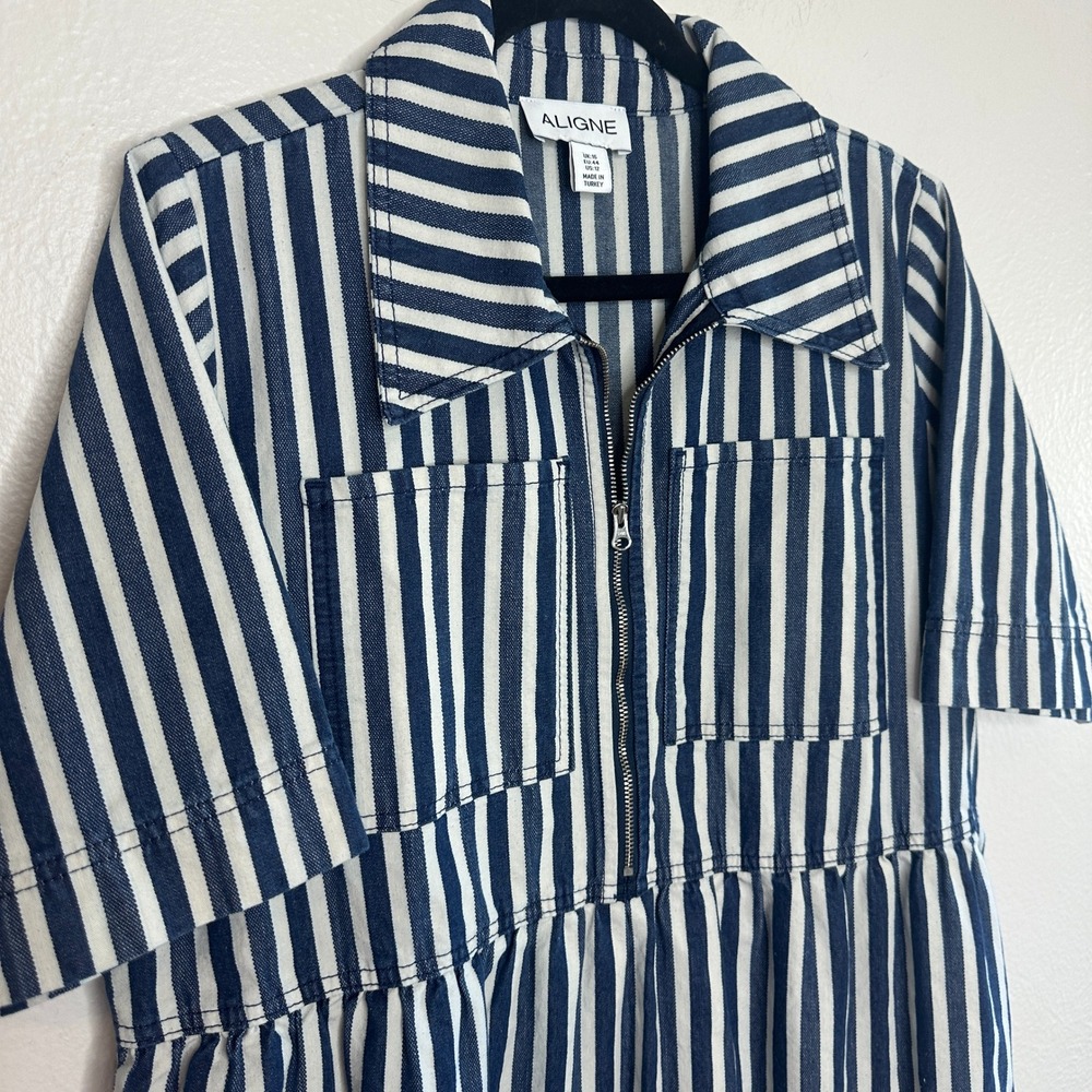 Anthropologie ALIGNE Gabriella Short-Sleeve Denim Midi Dress Striped Size 12 - Picture 6 of 9